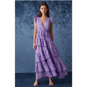 Marie Oliver Women’s 2 Purple Marisol Silk Linen Ruffle Maxi Designer Dress NEW